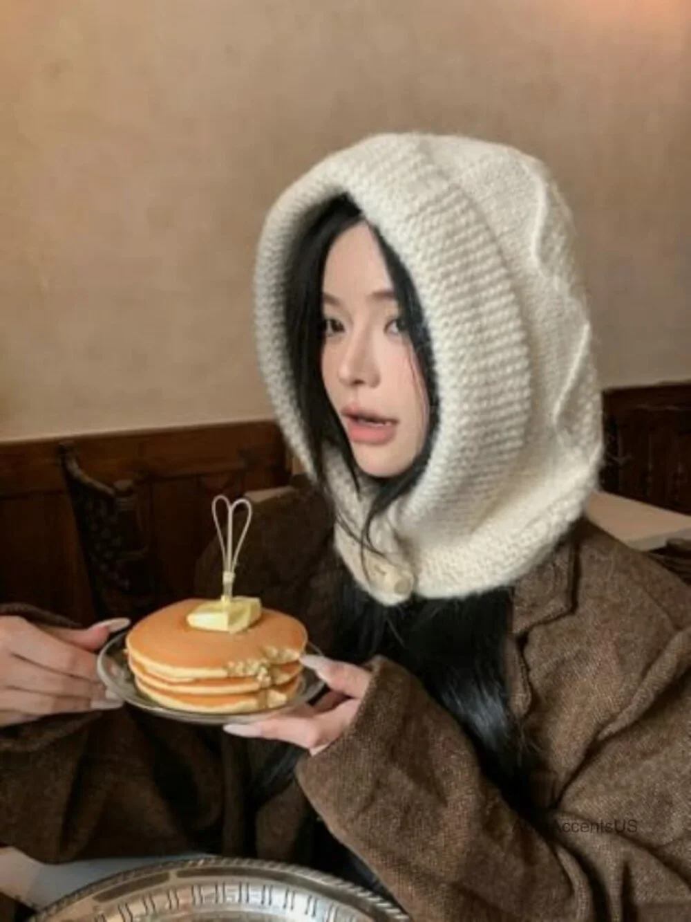 Women's Oversized Wool Knit Balaclava Hat Hooded Scarf Chunky Cable Knit Winter